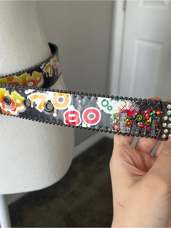 Y2K Style Black Abstract Print Rhinestone Belt - Picture 5 of 8